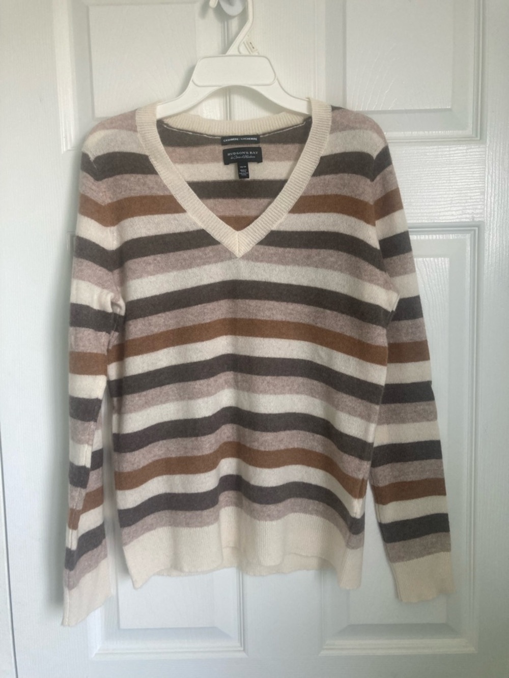Hudsons Bay cashmere Cream, Brown & Gray Striped V-Neck Sweater